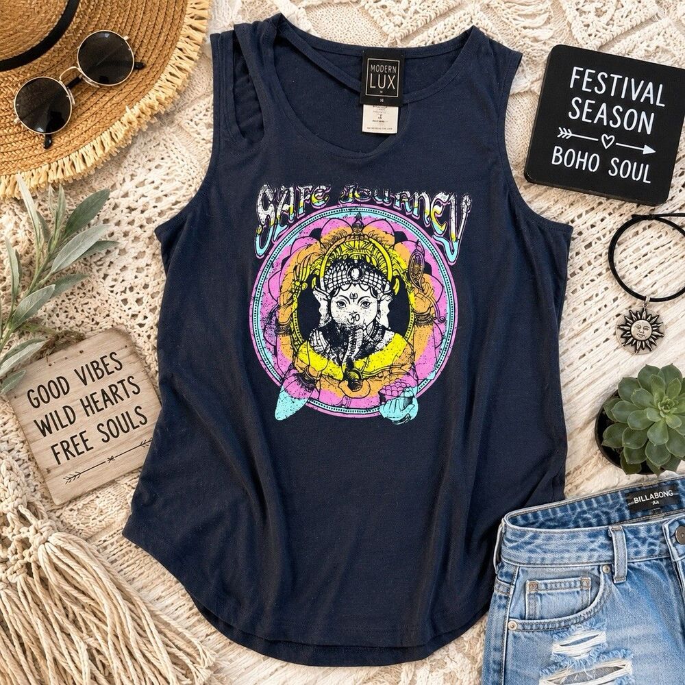Y2K Psychedelic Graphic Tank Top Boho Festival Hippie Distressed Retro Size M